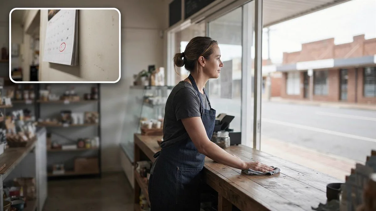 A shop open on a public holiday with a single staff member behind the counter